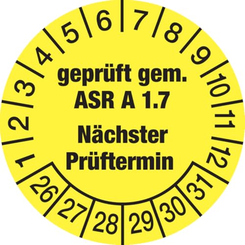 Dreifke® Aufkleber Prüfplakette, ASR A1.7 Nächster Prüftermin, gelb/schwarz, Folie, Ø 30 mm - Bogen = 10 Plaketten, Folie selbstklebend 10 Stk. von Dreifke