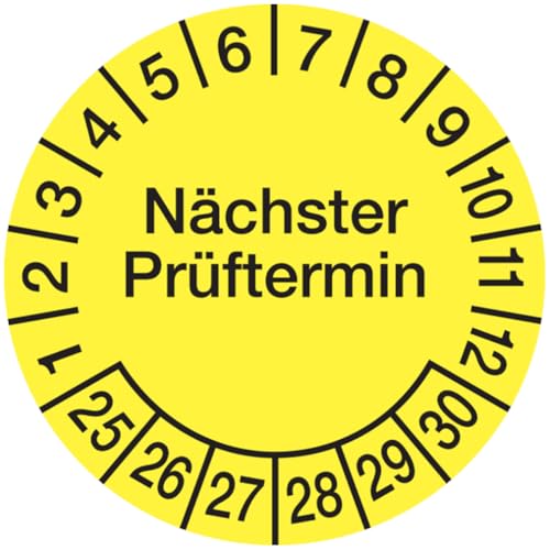 Dreifke® Aufkleber Prüfplakette, Nächster Prüftermin, Dokumentenfolie, gelb/schwarz, Ø 15 mm - Bogen = 10 Plaketten, Dokumentenfolie selbstklebend 10 Stk. von Dreifke