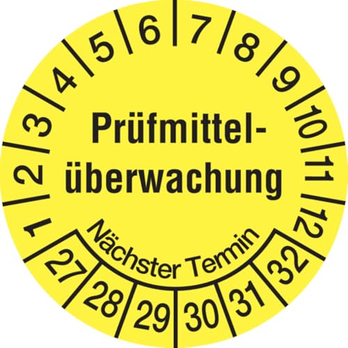 Dreifke® Aufkleber Prüfplakette, Prüfmittelüberwachung Nächster Termin, gelb/schwarz, Folie, Ø 20mm - Bogen = 10 Stk., Folie selbstklebend 10 Stk. von Dreifke