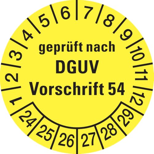 Dreifke® Aufkleber Prüfplakette, geprüft nach DGUV Vorschrift 54, gelb/schwarz, Folie, Ø 30mm - Bogen = 10 Plaketten, Folie selbstklebend 10 Stk. von Dreifke