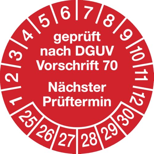 Dreifke® Aufkleber Prüfplaketten, DGUV Vorschrift 70 Nächster Prüftermin, rot/weiß, Folie, Ø 30 mm - Bogen = 10 Stk., Folie selbstklebend 10 Stk. von Dreifke