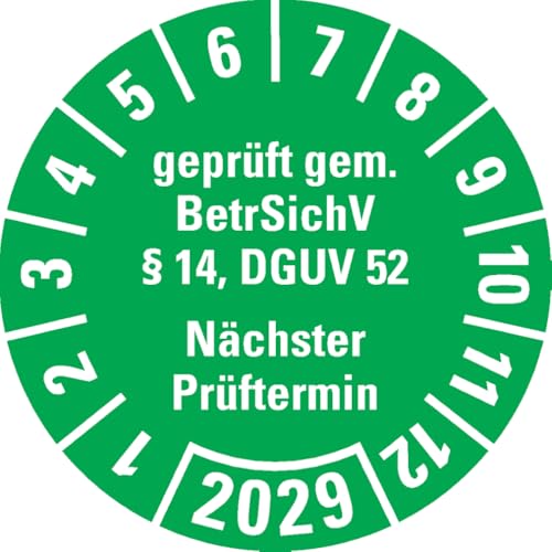 Dreifke® Prüfplakette BetrSichV §14, DGUV52, Nächster Prüftermin, 2029, grün, Folie, Spezialkleber, Ø30mm, 18/Bogen von Dreifke