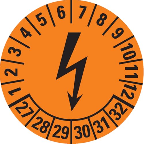 Dreifke® Prüfplakette Blitzpfeil 27-32, orange, Dokumentenfolie, selbstklebend, Ø 25mm, 21/Bogen von Dreifke