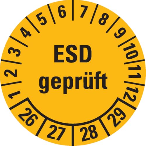 Dreifke® Prüfplakette ESD geprüft 26-29, gelb, Dokumentenfolie, Ø 30mm, 18/Bogen von Dreifke