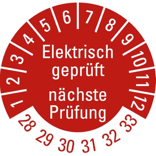 Dreifke® Prüfplakette Elektrisch geprüft Nächster Prüftermin, 28-33, rot, Folie, ablösbar, Ø 20mm, 500/Rolle von Dreifke