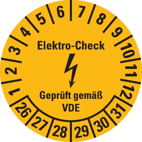 Dreifke® Prüfplakette Elektro-Check, 26-31, gelb, Dokumentenfolie, Spezialkleber, Ø 30mm, 18/Bogen von Dreifke