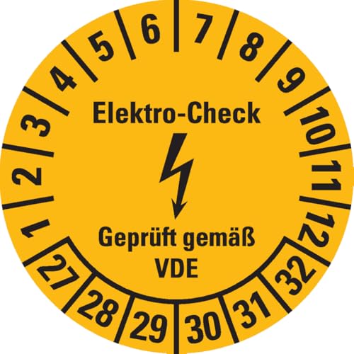 Dreifke® Prüfplakette Elektro-Check, 27-32, gelb, Dokumentenfolie, Spezialkleber, Ø 30mm, 18/Bogen von Dreifke