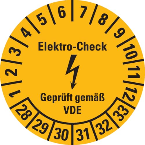 Dreifke® Prüfplakette Elektro-Check, 28-33, gelb, Dokumentenfolie, Spezialkleber, Ø 30mm, 18/Bogen von Dreifke