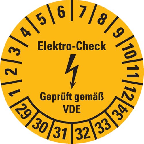 Dreifke® Prüfplakette Elektro-Check, VDE, 29-34, gelb, Dokumentenfolie, Ø 20mm, 500/Rolle von Dreifke