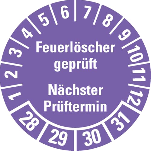Dreifke® Prüfplakette Feuerlöscher geprüft, Nächster Prüftermin, 28-31, violett, Dokumentenfolie, Ø 30mm, 18/Bogen von Dreifke