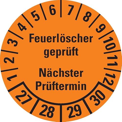 Dreifke® Prüfplakette Feuerlöscher geprüft,NP,27-30,orange,Dokufolie,Ø 30mm,18 St/Bogen von Dreifke
