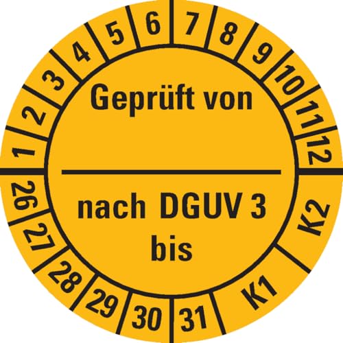 Dreifke® Prüfplakette Gepr. v.-n. DGUV Vorschrift 3 K1/K2, 26-31, gelb, Dokufolie, Ø25mm, 21 Stück von Dreifke