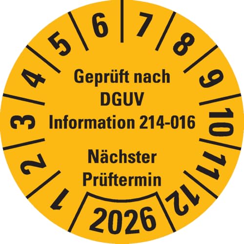 Dreifke® Prüfplakette Geprüft DGUV Info. 214-016 NP 2026, gelb, Dokufolie, Ø 30mm, 18 Stück von Dreifke