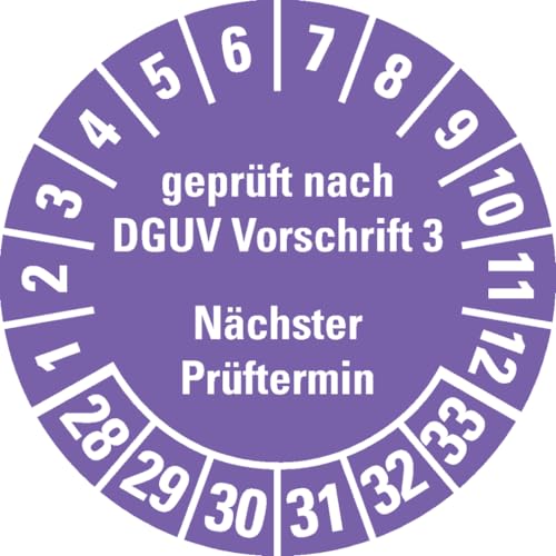 Dreifke® Prüfplakette Geprüft nach DGUV Vorschrift 3, Nächster Prüftermin 28-33, violett, Folie, ablösbar, Ø30mm, 500/Rolle von Dreifke