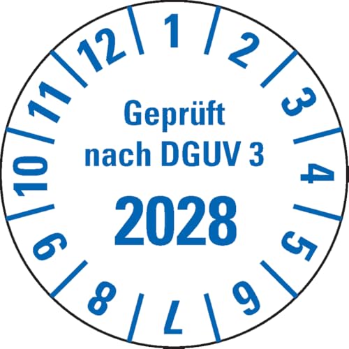 Dreifke® Prüfplakette Geprüft nach DGUV Vorschrift 3 2028, weiß, Folie, mit Spezialkleber, Ø25mm, 21/Bogen von Dreifke
