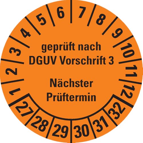 Dreifke® Prüfplakette Geprüft nach DGUV Vorschrift 3 Nächster Prüftermin, 27-32, orange, Folie, ablösbar, Ø 35mm, 500/Rolle von Dreifke