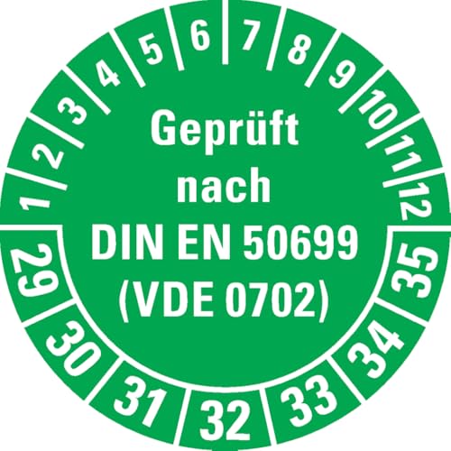 Dreifke® Prüfplakette Geprüft nach DIN EN 50699 (VDE0702) 29-35, grün, Dokumentenfolie, Ø30mm, 500/Rolle von Dreifke