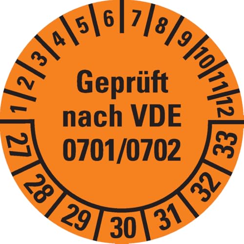 Dreifke® Prüfplakette Geprüft nach VDE 0701/0702, 27-33, orange, Dokumentenfolie, Spezialkleber, Ø 30mm, 18/BOG von Dreifke