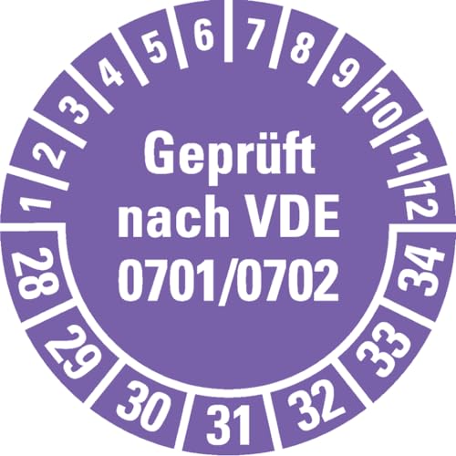 Dreifke® Prüfplakette Geprüft nach VDE 0701/0702, 28-34, violett, Dokumentenfolie, Spezialkleber, Ø 30mm, 18/BOG von Dreifke