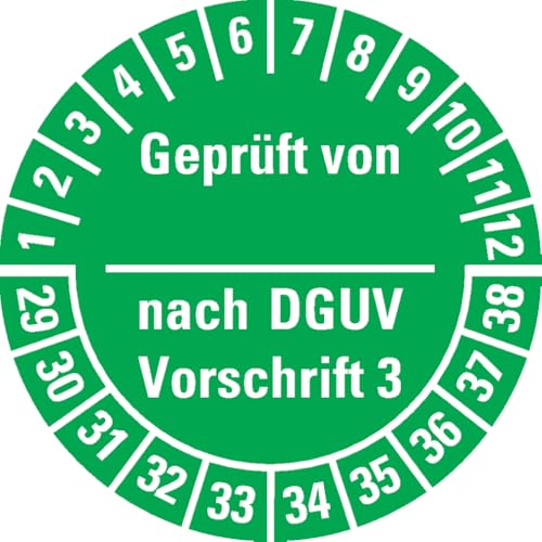 Dreifke® Prüfplakette Geprüft von-nach DGUV Vorschrift 3, 29-38, grün, Dokumentenfolie, Ø 25mm, 500/RO von Dreifke