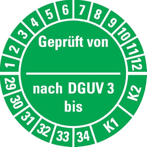 Dreifke® Prüfplakette Geprüft von - nach DGUV Vorschrift 3 K1/K2, 29-34, grün, Dokumentenfolie, Ø 25mm, 500/RO von Dreifke