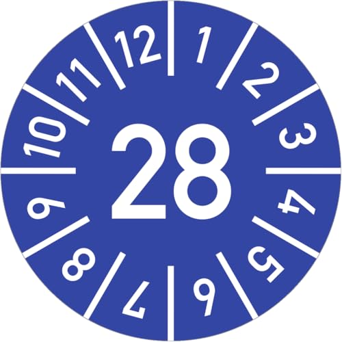 Dreifke® Prüfplakette Jahr 28 mit Monaten, blau, Dokumentenfolie, Ø 20 mm, 10 Stück/Bogen von Dreifke