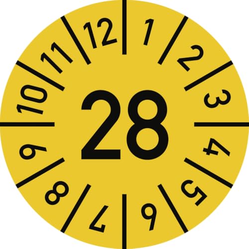 Dreifke® Prüfplakette Jahr 28 mit Monaten, gelb, Folie-Spezialkl., Ø 15 mm, 10 Stück/Bogen von Dreifke