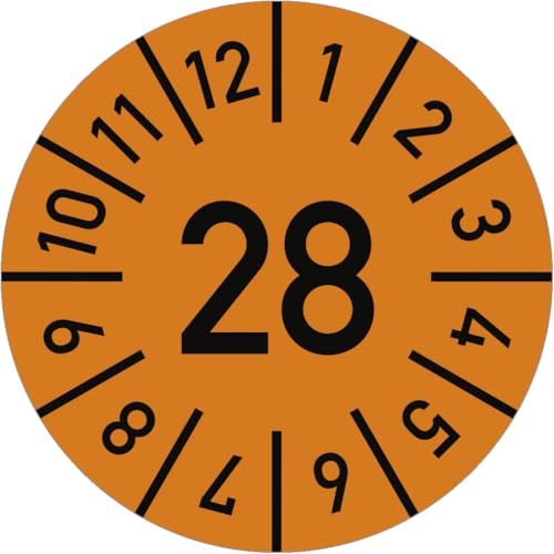 Dreifke® Prüfplakette Jahr 28 mit Monaten, orange, Dokumentenfolie, Ø 10 mm, 10 Stück/Bogen von Dreifke