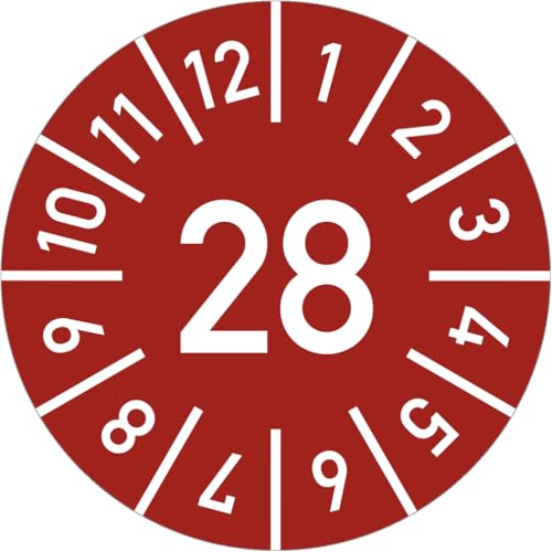 Dreifke® Prüfplakette Jahr 28 mit Monaten, rot, Folie-Spezialkl., Ø 10 mm, 10 Stück/Bogen von Dreifke
