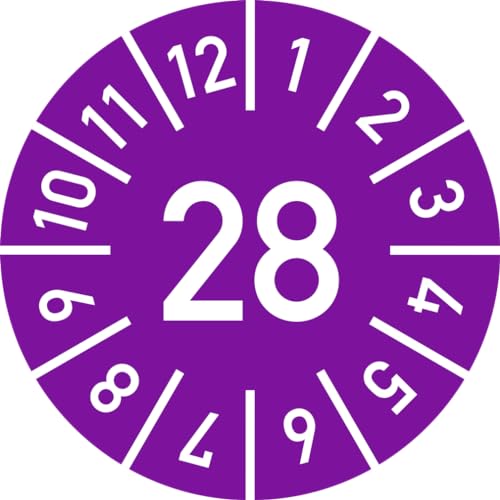 Dreifke® Prüfplakette Jahr 28 mit Monaten, violett, Dokumentenfolie, Ø 10 mm, 10 Stück von Dreifke
