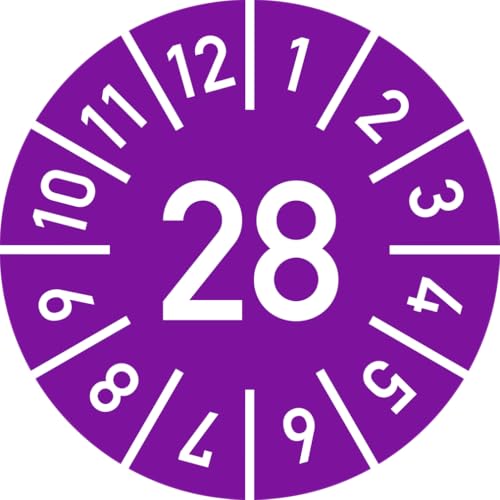 Dreifke® Prüfplakette Jahr 28 mit Monaten, violett, Folie-Spezialkl., Ø 10 mm, 10 Stück/Bogen von Dreifke