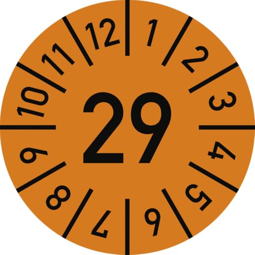 Dreifke® Prüfplakette Jahr 29 mit Monaten, orange, Folie-Spezialkl., Ø 20 mm, 10 Stück/Bogen von Dreifke