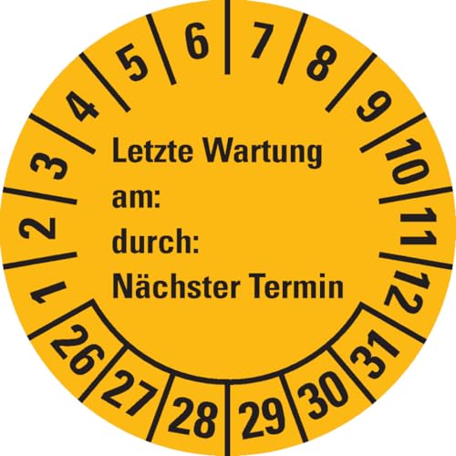 Dreifke® Prüfplakette Letzte Wart., am, durch, Nächste Prüf.26-31, gelb, Dokufolie, Ø30mm, 18 Stück von Dreifke