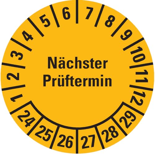 Dreifke® Prüfplakette Nächster Prüftermin, 24-29, gelb, Folie, ablösbar, Ø 25mm, 21 Stück von Dreifke