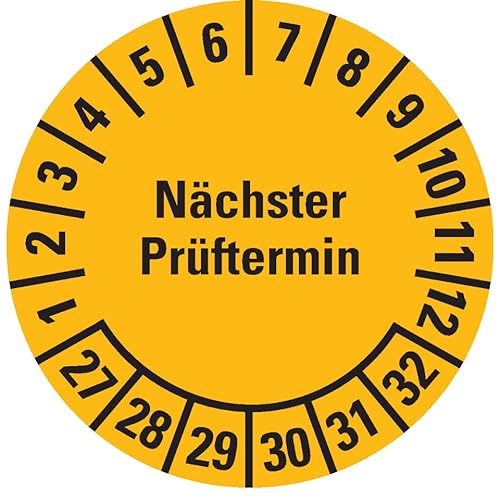 Dreifke® Prüfplakette Nächster Prüftermin 27-32, gelb, Dokumentenfolie, Ø 20mm, 36 St/Bogen von Dreifke