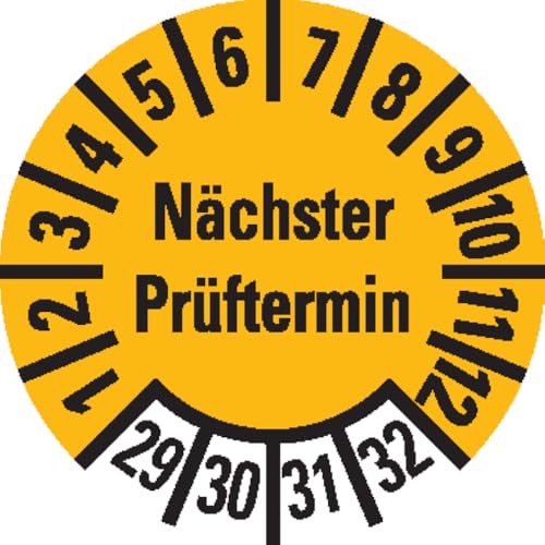 Dreifke® Prüfplakette Nächster Prüftermin 29-32, gelb, Folie, ablösbar, Ø 10mm, 1000/Rolle von Dreifke