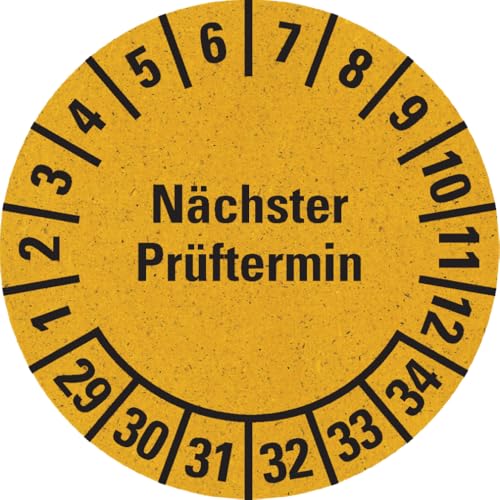 Dreifke® Prüfplakette Nächster Prüftermin 29-34, gelb, Graspapier, Ø 30mm, 500/Rolle von Dreifke