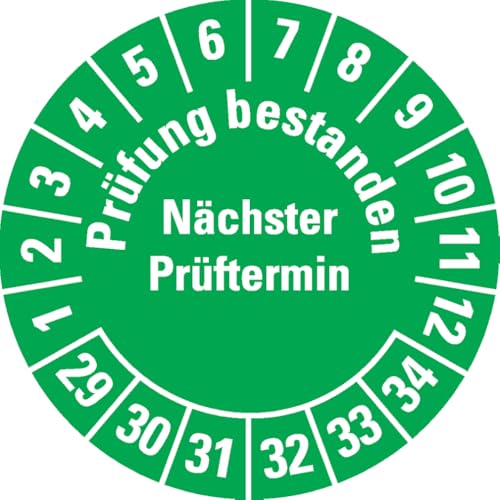 Dreifke® Prüfplakette Prüfung bestanden Nächster Prüftermin 29-34, grün, Dokumentenfolie, Ø30mm, 500/Rolle von Dreifke