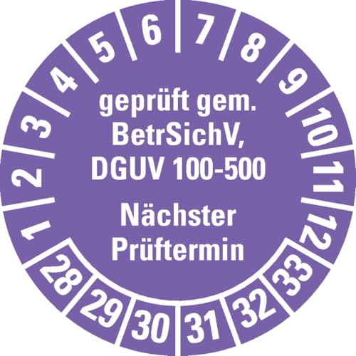 Dreifke® Prüfplakette gep.gem.BetrSichV, DGUV 100-500, NP, 28-33, violett, Dokufolie, Ø30mm, 18 Stk. von Dreifke