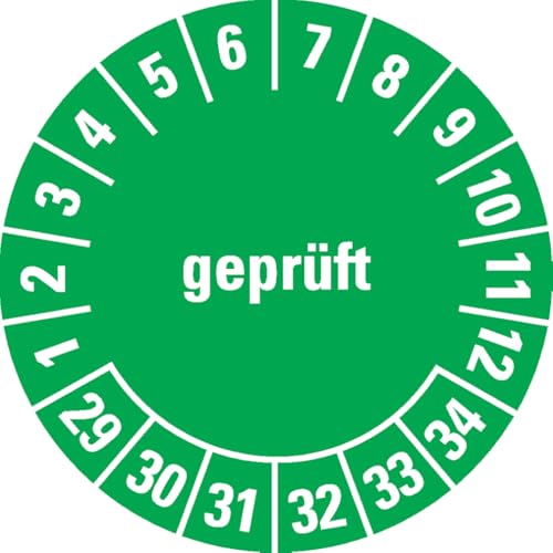 Dreifke® Prüfplakette geprüft 29-34, grün, Dokumentenfolie, Spezialkleber, Ø 30mm, 18/Bogen von Dreifke