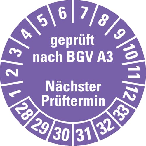 Dreifke® Prüfplakette geprüft BGV A3 Nä.Prüftermin 28-33, violett, Dokufolie, Ø30mm, 18 Stk. von Dreifke