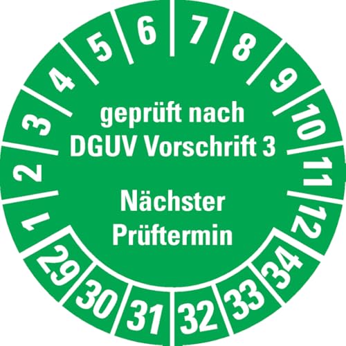 Dreifke® Prüfplakette geprüft DGUV Vorschrift 3 Nächster Prüftermin 29-34, grün, Dokumentenfolie, Ø30mm, 500/Rolle von Dreifke