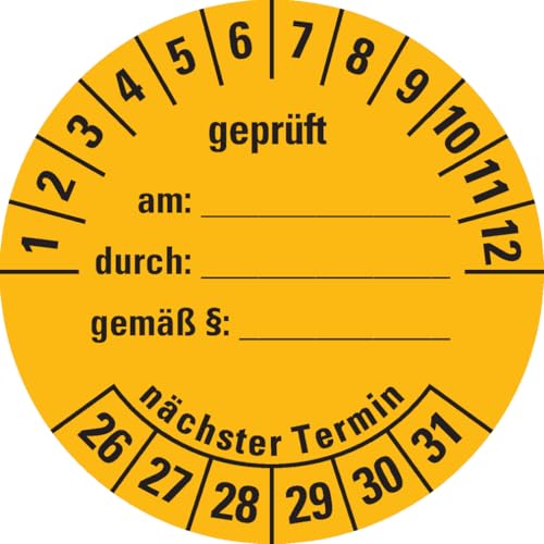 Dreifke® Prüfplakette geprüft am: durch: ..26-31, gelb, Dokumentenfolie, Ø 40mm, 10 Stück von Dreifke