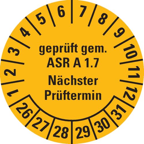 Dreifke® Prüfplakette geprüft gem. ASR A1.7, 26-31, gelb, Dokumentenfolie, Ø30mm, 18 Stück von Dreifke