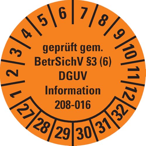 Dreifke® Prüfplakette geprüft gemäß BetrSichV §3(6), DGUV, 27-32, orange, Folie, Ø30mm, 18/Bogen von Dreifke