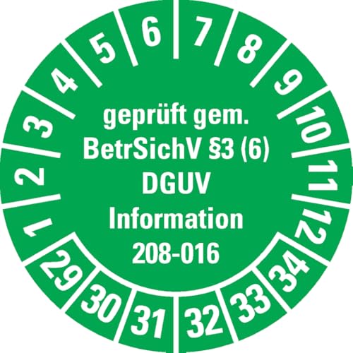 Dreifke® Prüfplakette geprüft gemäß BetrSichV §3(6), DGUV, 29-34, grün, Folie, Ø30mm, 18/Bogen von Dreifke