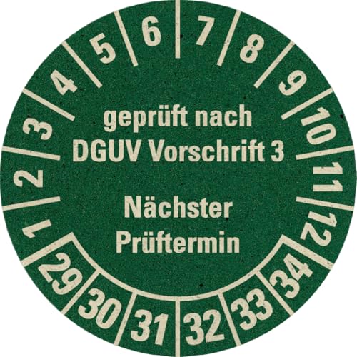 Dreifke® Prüfplakette geprüft nach DGUV Vorschrift 3, Nächster Prüftermin, 29-34, grün, Graspapier, Ø30mm, 500/Rolle von Dreifke