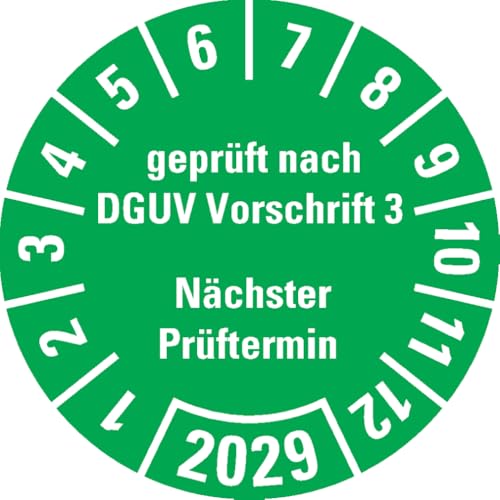 Dreifke® Prüfplakette geprüft nach DGUV Vorschrift 3 Nächster Prüftermin 2029, grün, Dokumentenfolie, Ø 25mm, 500/Rolle von Dreifke