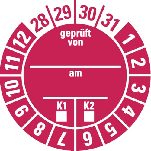 Dreifke® Prüfplakette geprüft von...am...K1 K2 28-31, rot, Dokumentenfolie, Ø 30mm, 18/Bogen von Dreifke