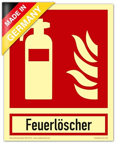 Schild Feuerlöscher | extra langnachleuchtend | PVC selbstklebend 200x250mm | mit Schriftzug Feuerlöscher | DIN EN ISO 7010 F001 | DIN 67510 (Brandschutzzeichen) Dreifke® extra 160 von Dreifke